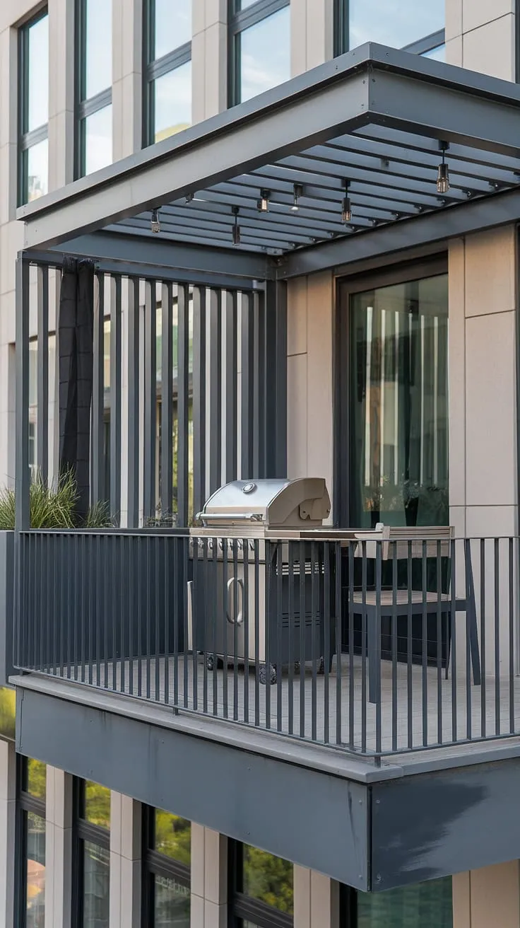 Elevate your outdoor living design with this contemporary balcony grill terrace. The grill door design complements the balcony railing design, while the patio design offers the perfect space for al fresco dining. Explore more balcony ideas with this inspiring terrace grill design.