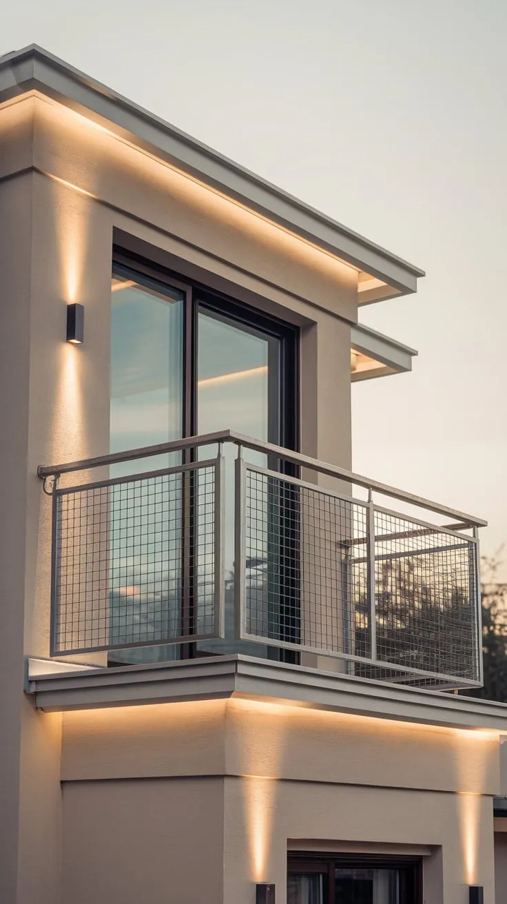 Soft light illuminates your minimalist home's high balcony, its metal grill framing a breathtaking view