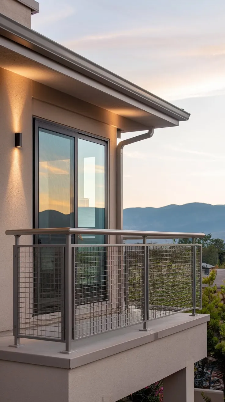 From your high-level balcony, a soft light illuminates the metal railing as you gaze at the majestic mountains and tranquil sky