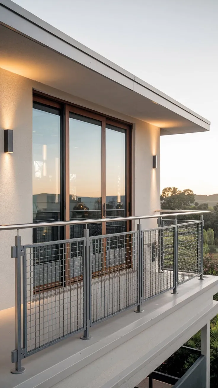 Soft light illuminates your minimalist home's clean lines, the high metal balcony railing offering a secure and scenic view