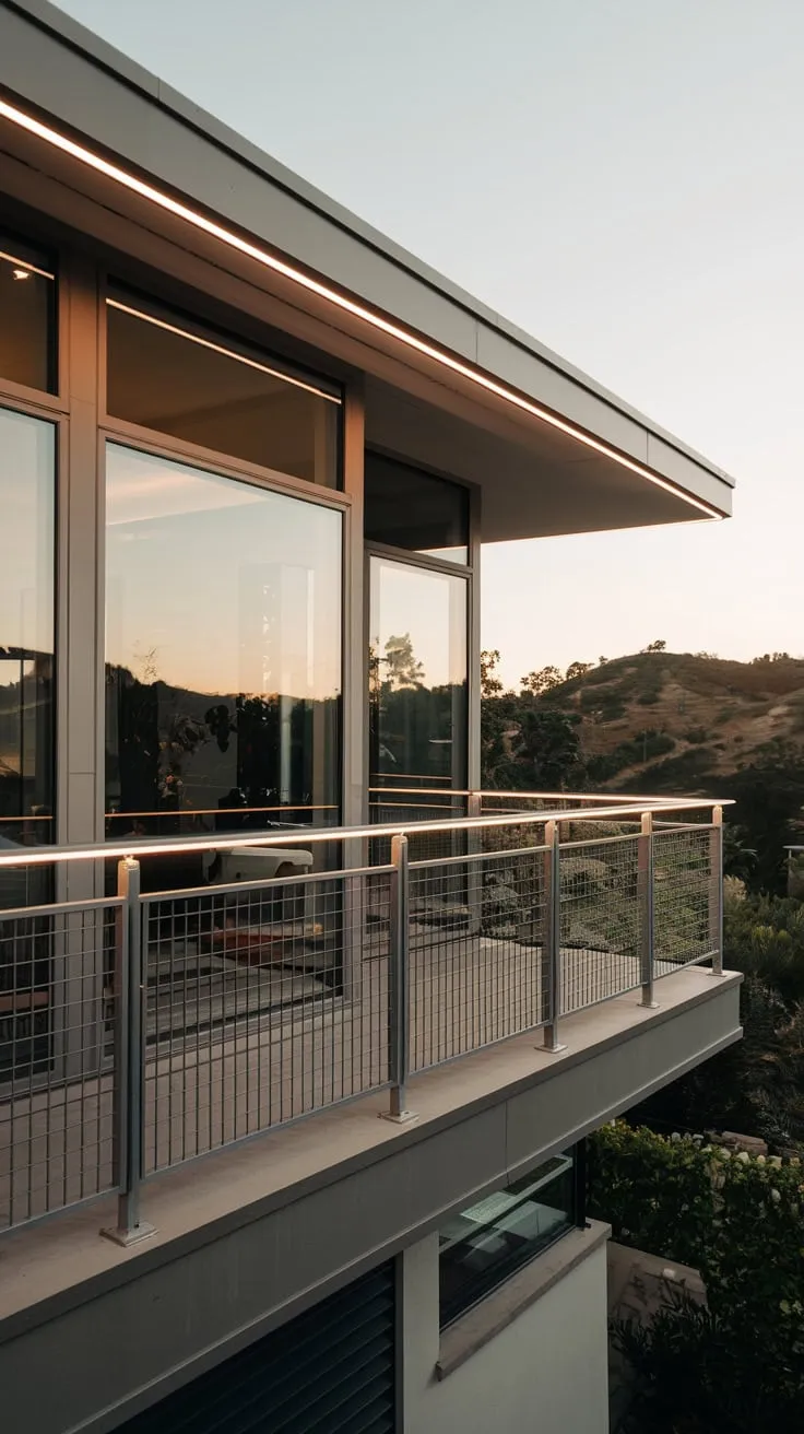 Soft light illuminates your sleek home's high balcony grill, framing a panoramic view of rolling hills and trees through expansive windows