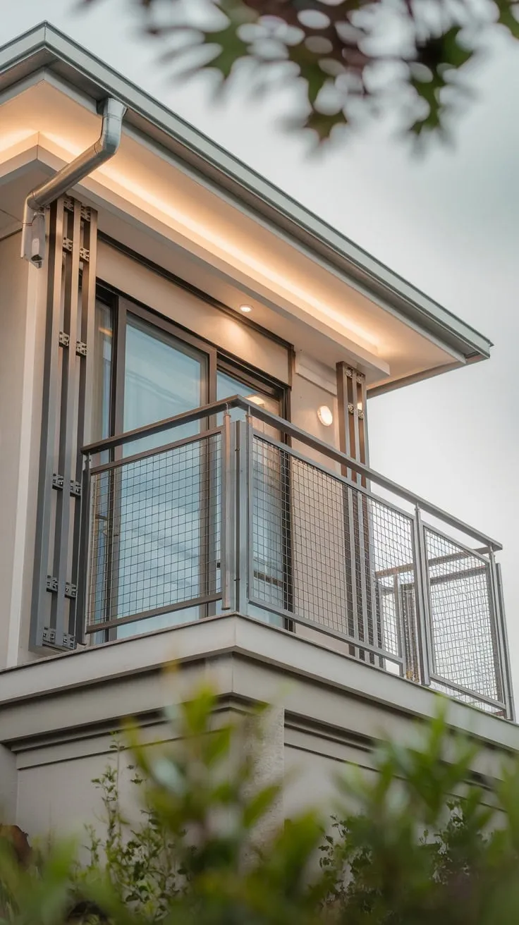 Soft light washes over the metal accents of your stylish home, the high balcony grill framing a breathtaking view