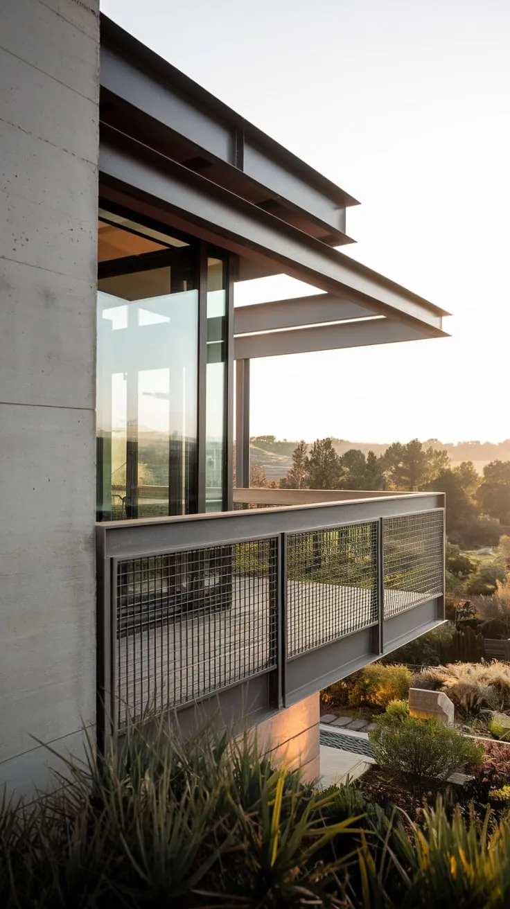 Soft light bathes your minimalist concrete and metal home, its safety balcony framing a tranquil landscape view