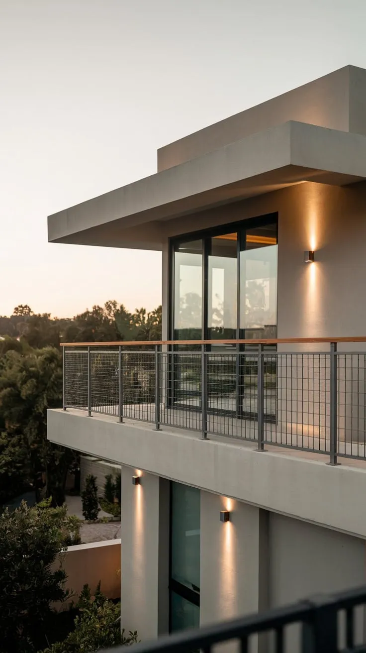 Soft light illuminates your minimalist home's high-level balcony, its metal safety grill framing a breathtaking view
