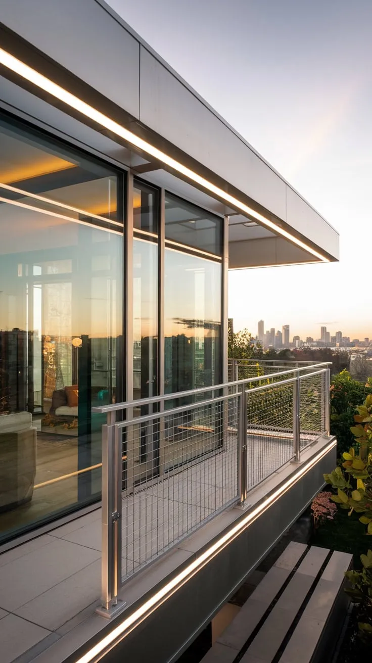 Soft lighting illuminates your sleek glass-walled home's balcony, its metal railing and safety grill overlooking a stunning city skyline