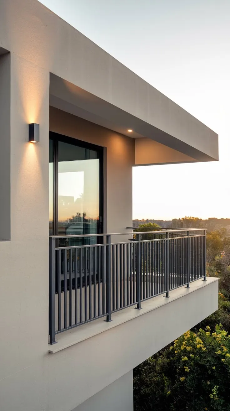 Soft light illuminates your minimalist home's sleek lines, a black metal balcony grill safely framing a high-level view