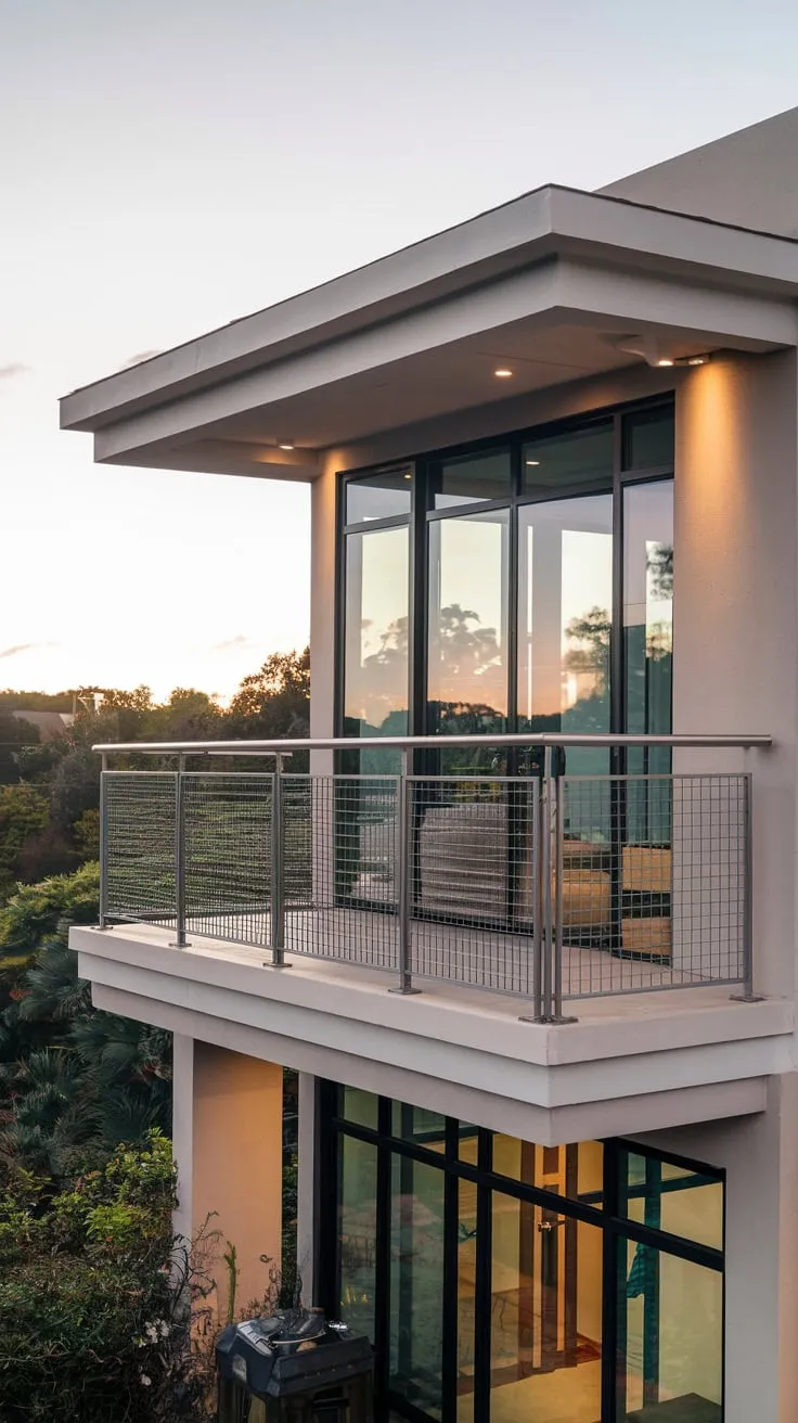 Soft light illuminates your minimalist home, its high balcony offering a stunning view through a sleek metal grill