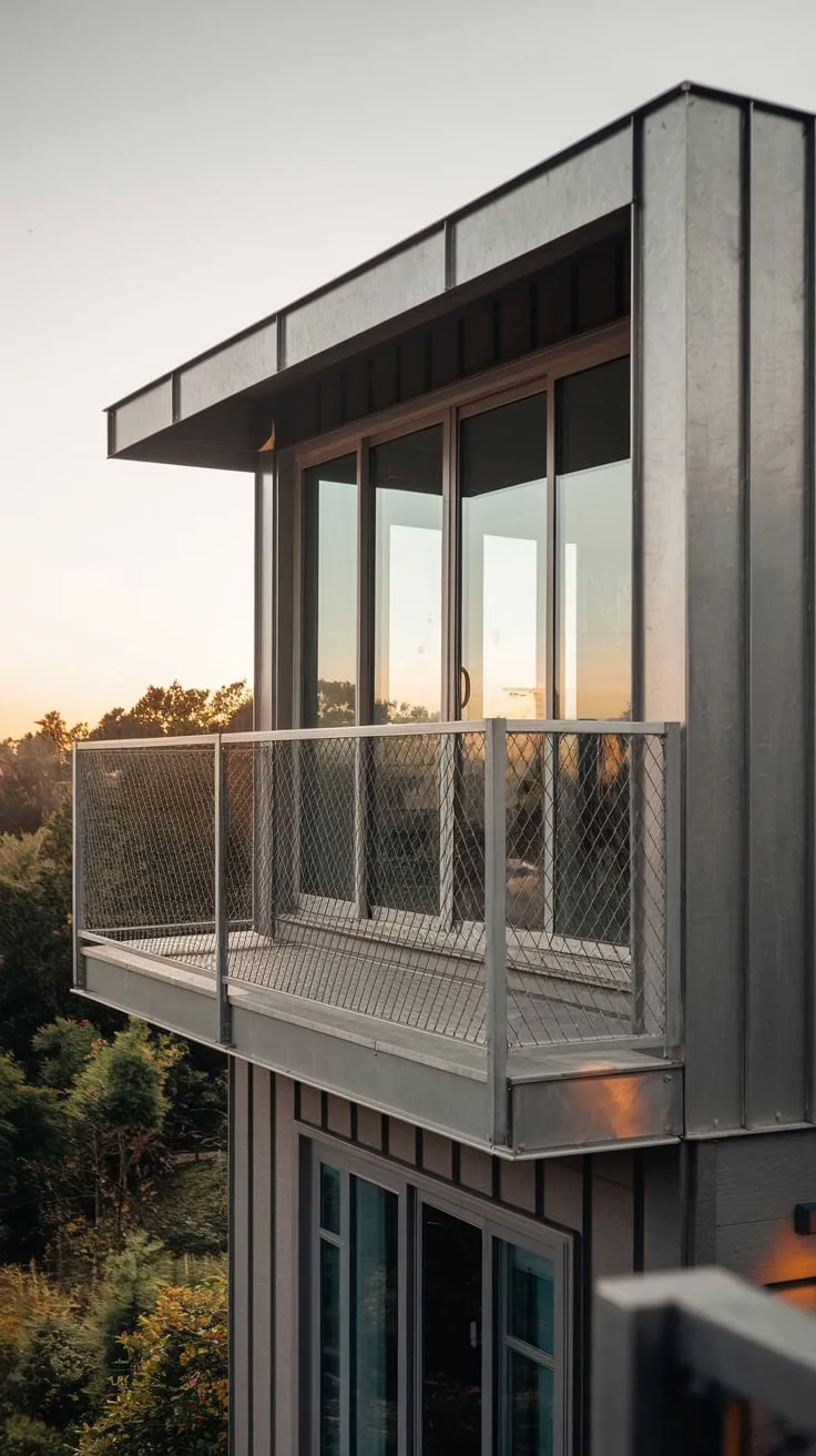 Soft light illuminates your stylish metal home's high-level safety balcony, offering breathtaking views
