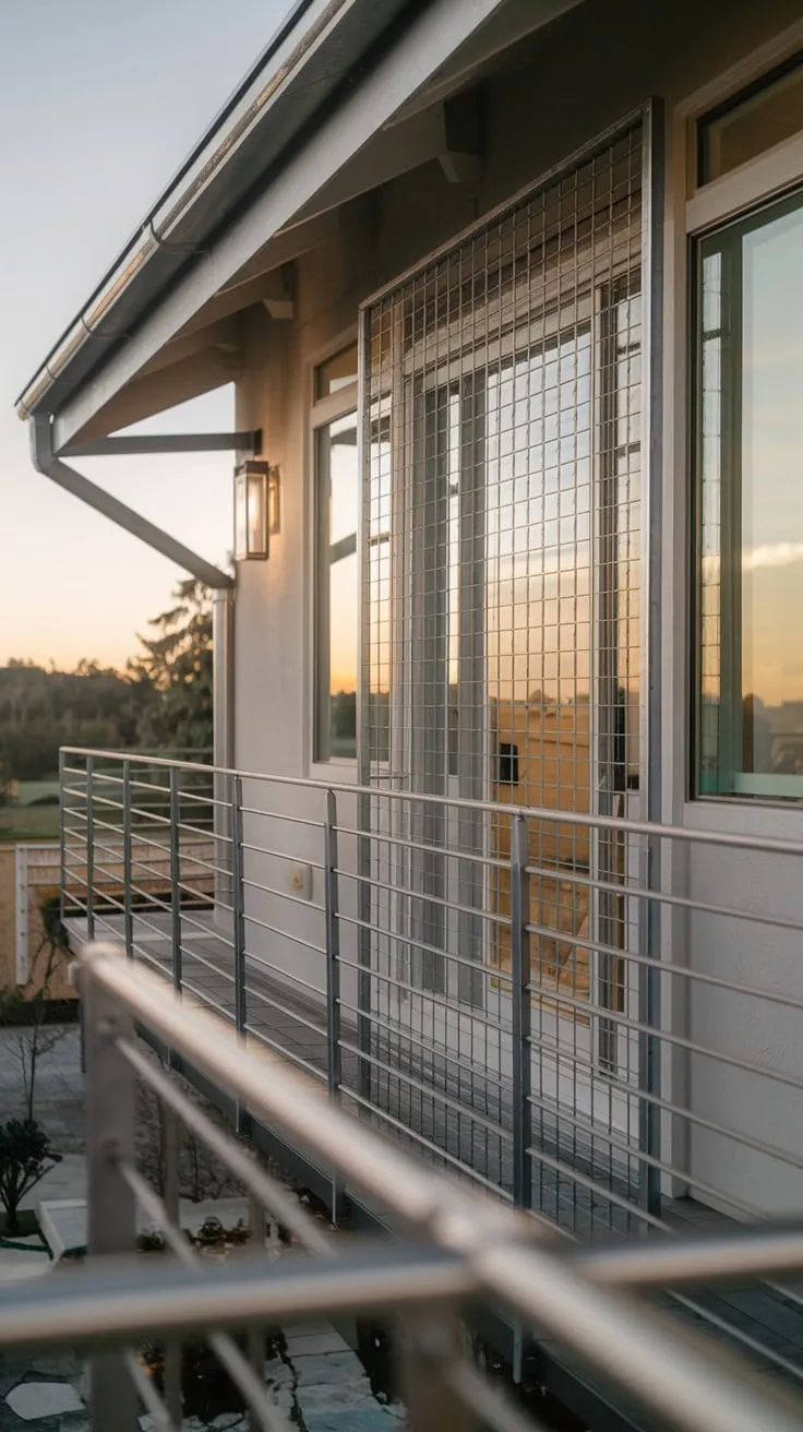 From above, you see a home bathed in soft light, its metal railing and safety grill overlooking a breathtaking view