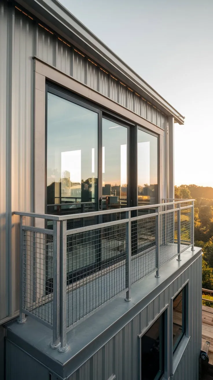 Discover your sanctuary in a modern home with a sleek metal exterior, where soft lighting and a safety balcony grill frame breathtaking views