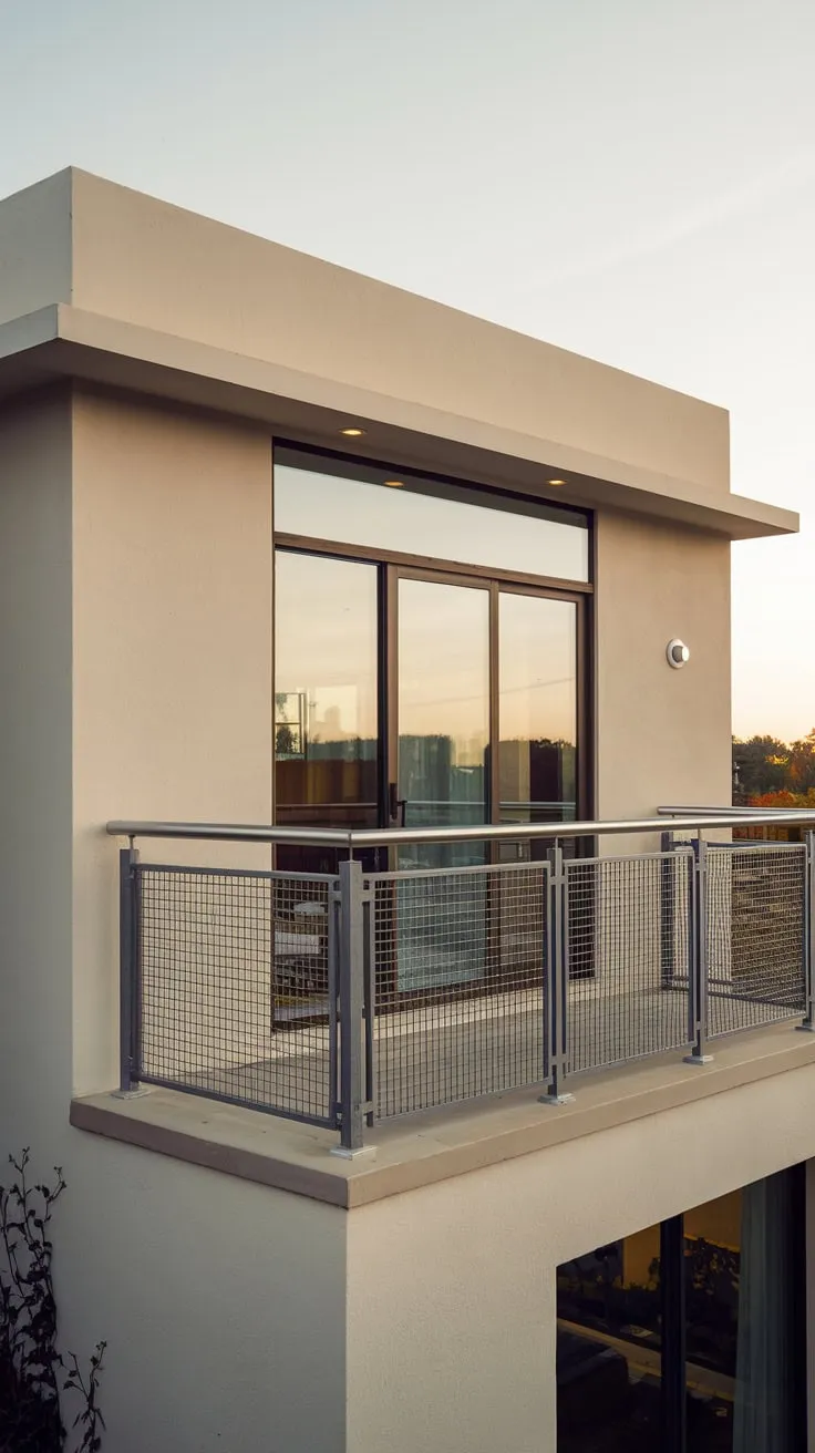 Soft light illuminates your minimalist home's high balcony, secured by a metal grill and offering a captivating view
