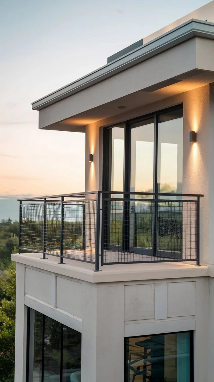 Soft light illuminates your minimalist home's high balcony, a sleek safety grill framing breathtaking views