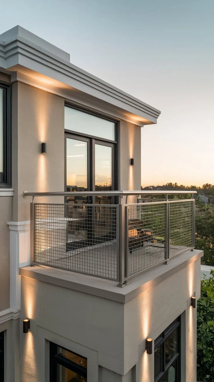 Soft lighting highlights your home's sleek design, a high balcony with safety grill offering a captivating view
