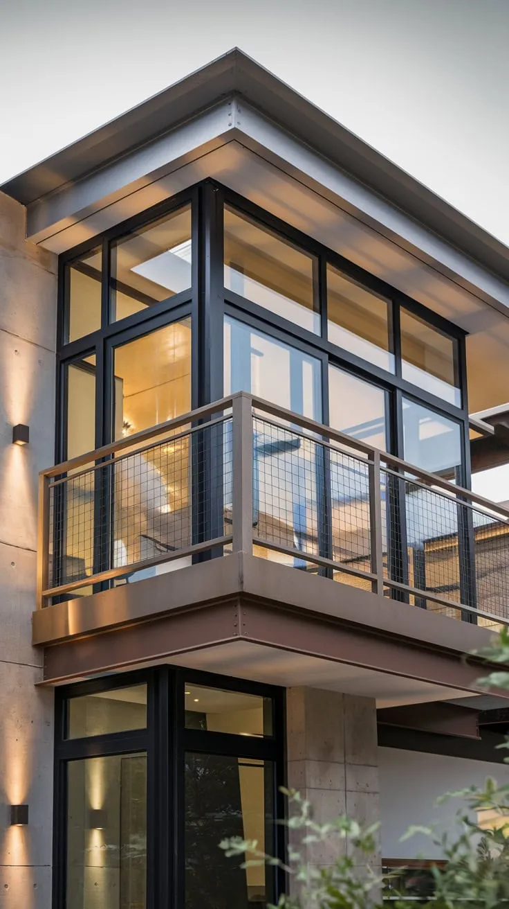 Embrace contemporary elegance in a sleek abode where safety meets aesthetic allure, illuminated by soft exterior lighting