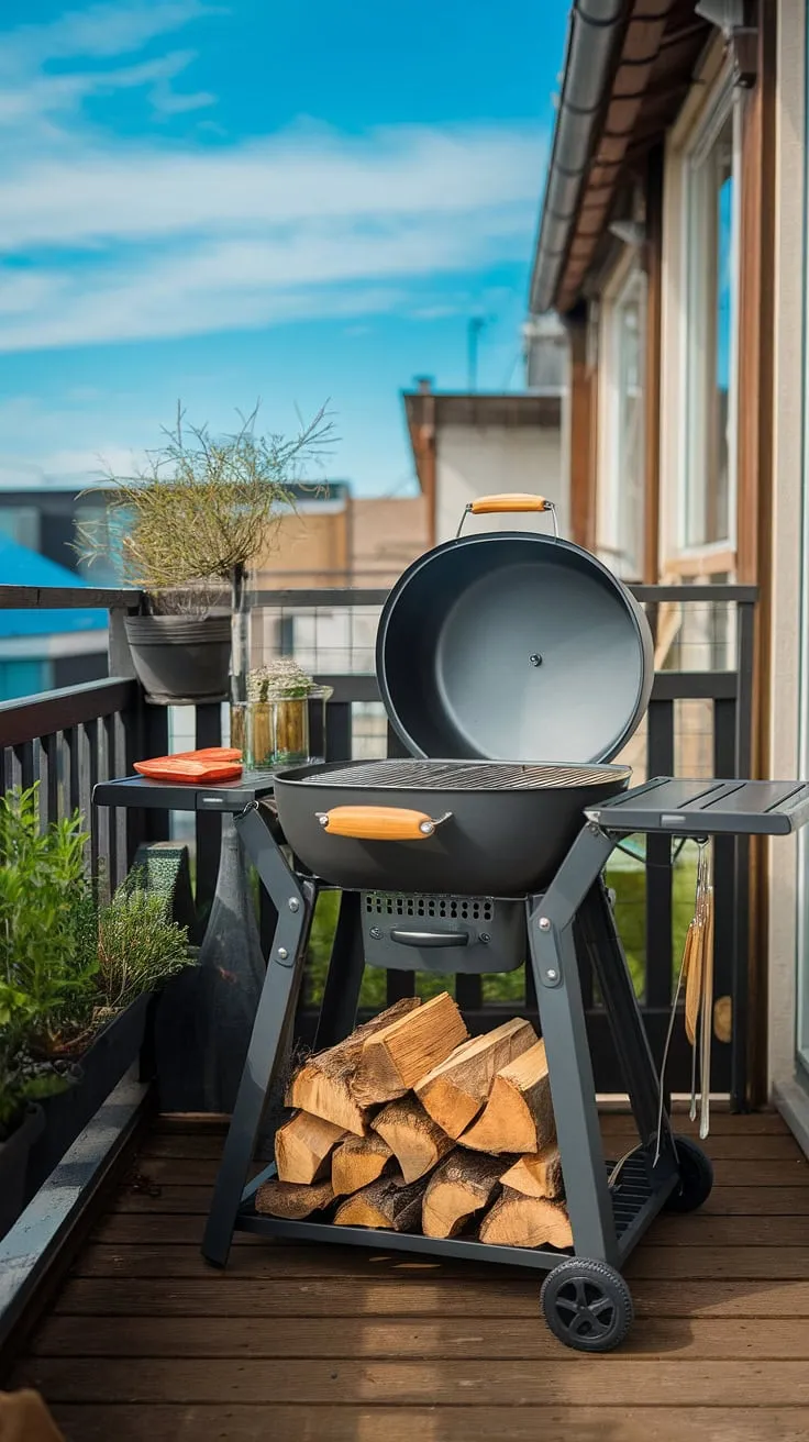 Balcony barbecue dreams are made of this.  A portable grill, neatly arranged firewood, and a few essential cooking utensils create the ideal balcony cooking station. This grill on balcony setup is perfect for intimate outdoor dining grill sessions, offering a unique blend of convenience and city views.