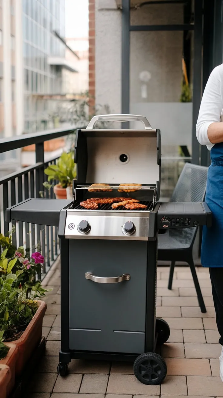City views and sizzling steaks?  This balcony grill setup makes outdoor cooking a breeze.  The portable grill is perfect for a quick balcony barbecue or a leisurely patio grill session, transforming this small space into an outdoor dining grill haven.
