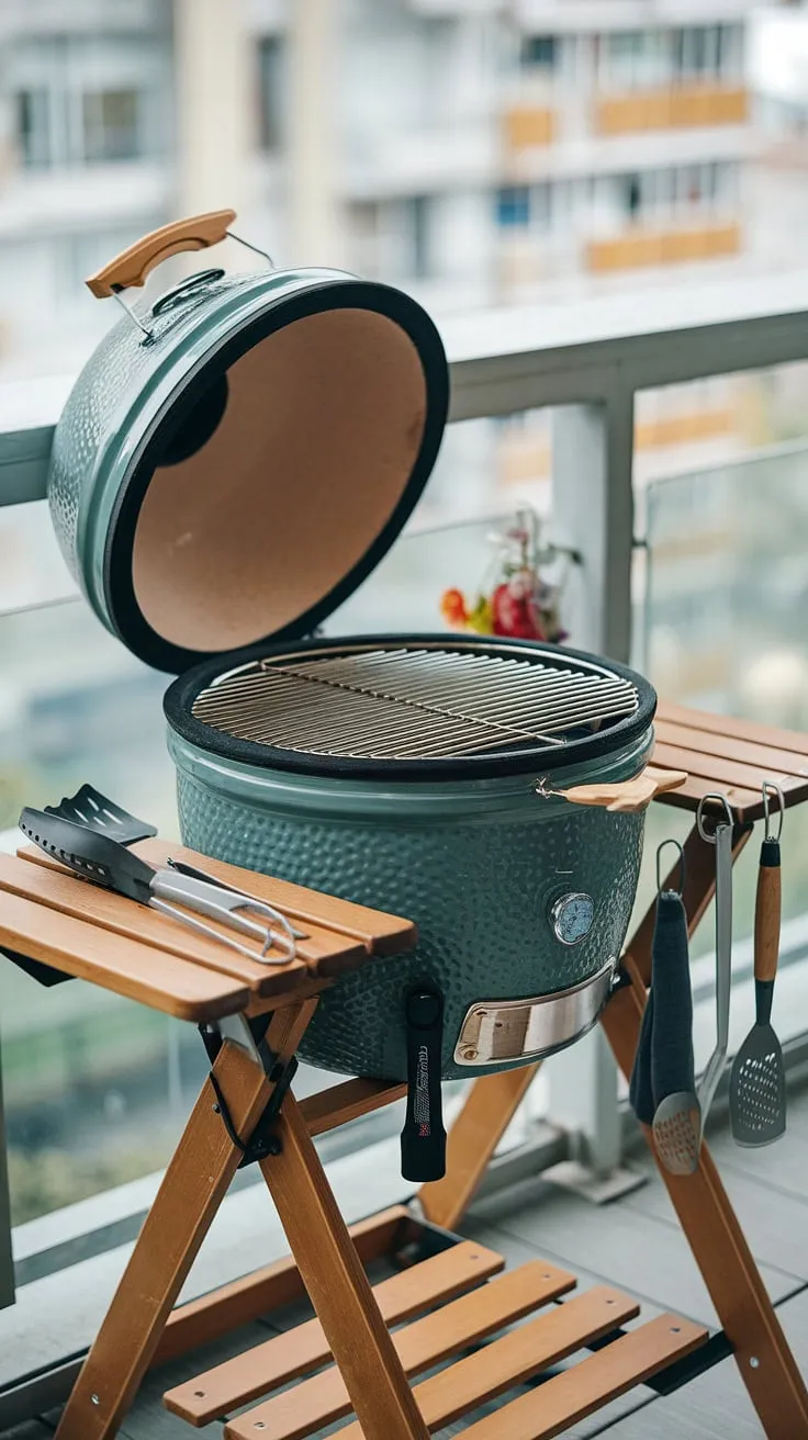 Balcony barbecue bliss!  My outdoor grill is ready for action, offering the perfect blend of city views and delicious outdoor cooking. This balcony cooking setup, complete with a portable grill and all the necessary utensils, makes every meal an event.  The ultimate balcony grill for effortless outdoor dining.