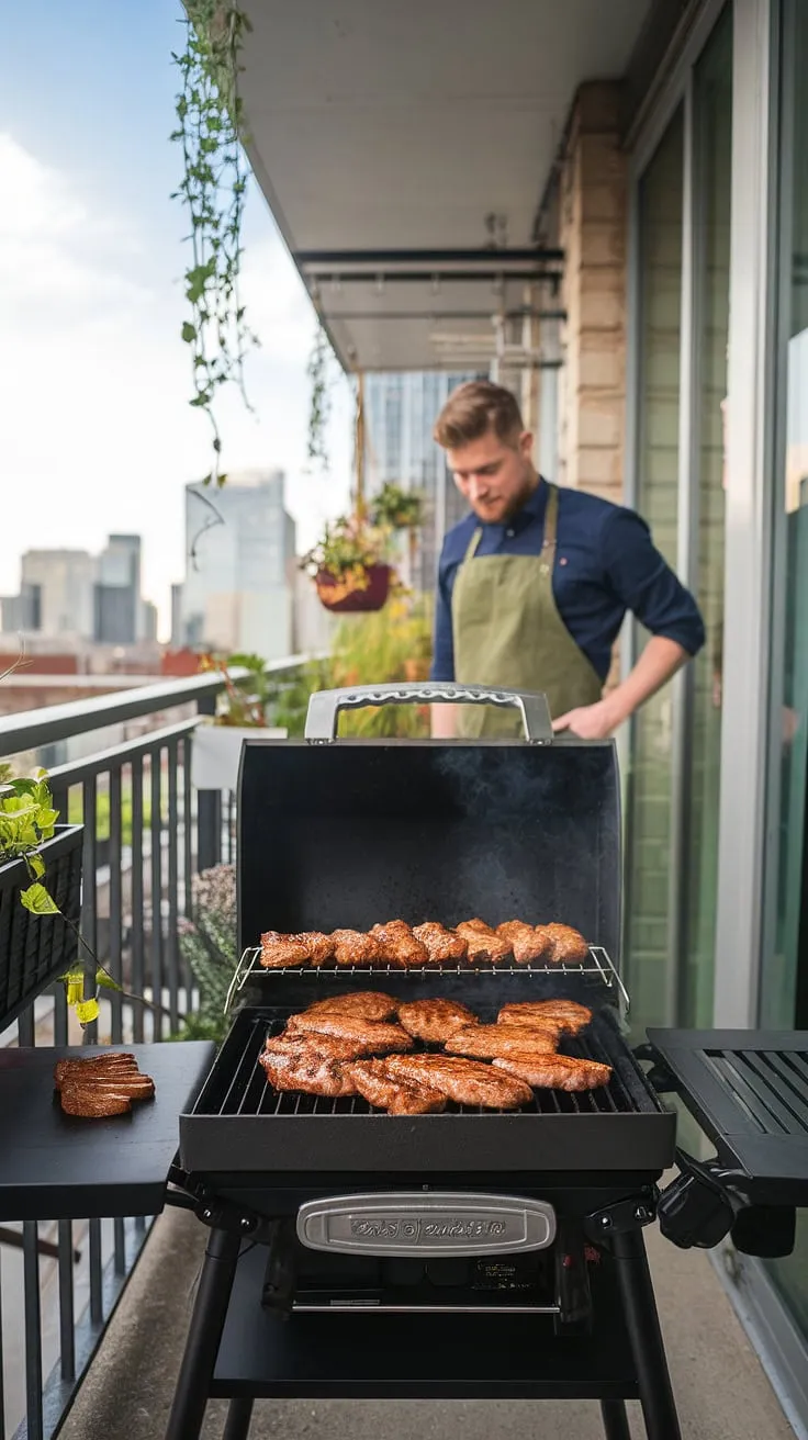 City skyline views and sizzling steaks?  This balcony barbecue grill is the perfect setup for outdoor cooking.  The portable grill makes for easy balcony cooking, transforming this patio grill into the ultimate outdoor dining grill.