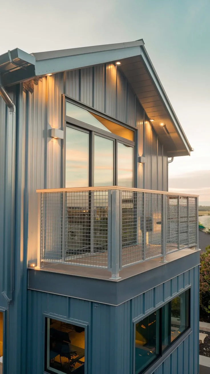 Soft light illuminates your stylish metal home's secure balcony, offering breathtaking views