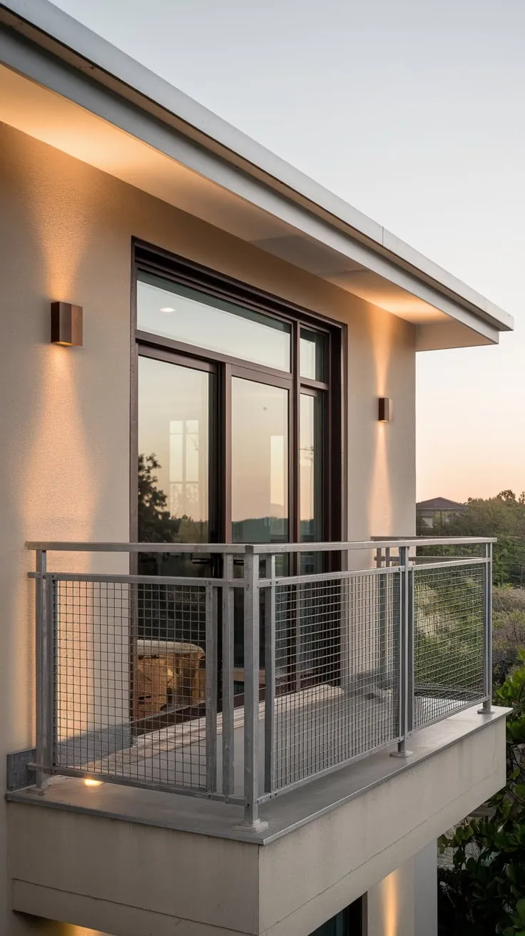 Soft light illuminates your high-level home's metal balcony grill, offering a lovely view