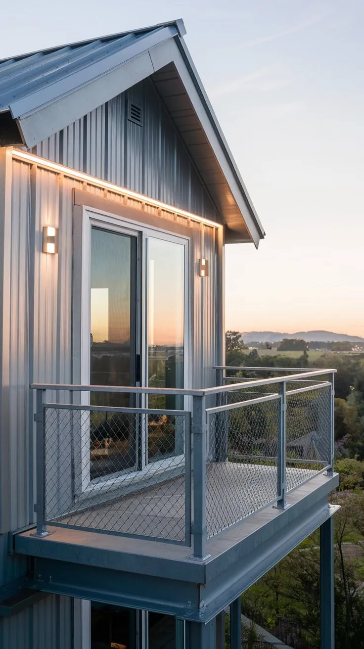 Soft light illuminates your metal home's high balcony, its safety grill framing a breathtaking landscape view