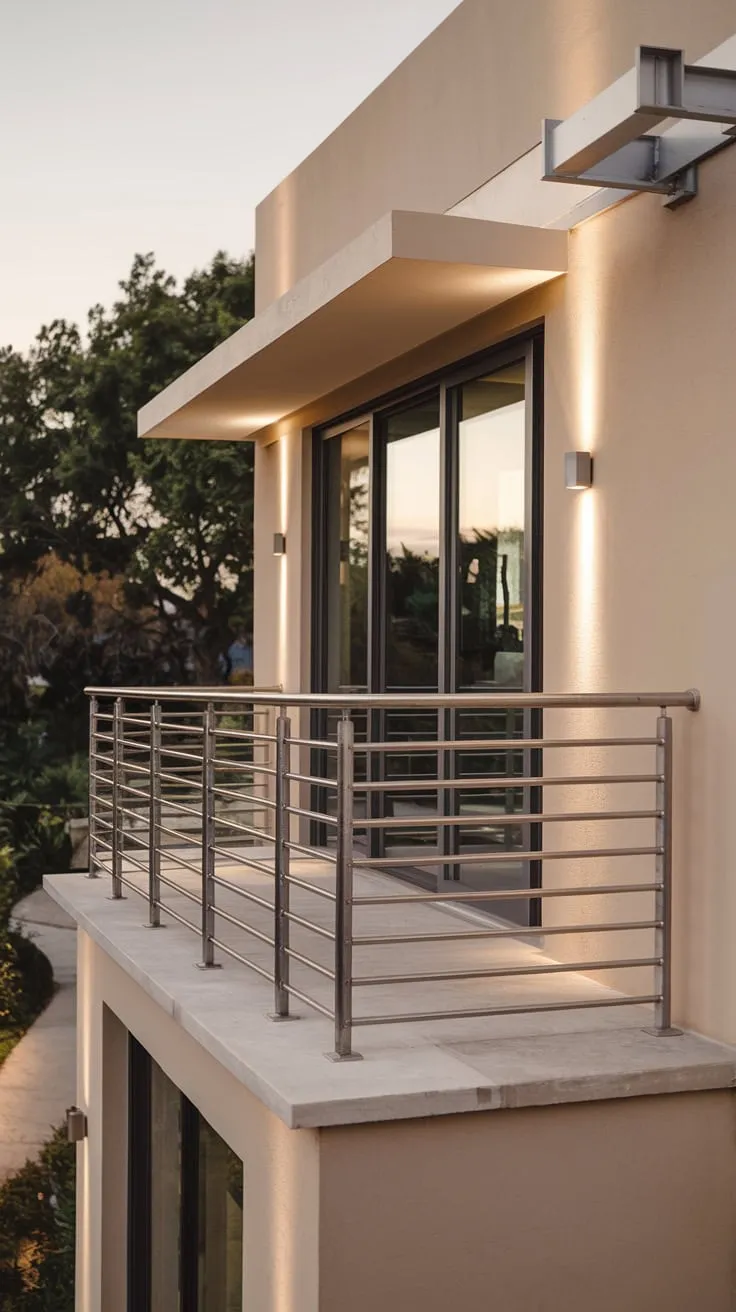 Soft beige walls, a minimalist home, and a high metal balcony railing offer you a peaceful view of the surrounding trees and pathway, bathed in gentle light