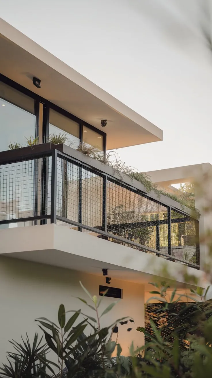 Soft light illuminates your minimalist home's high balcony, showcasing a sleek safety grill, potted plants, and a breathtaking view
