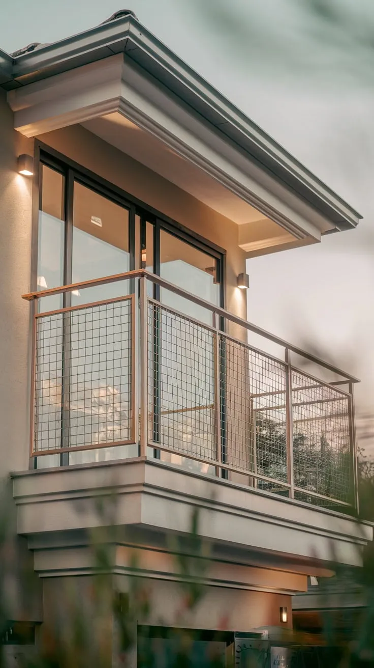 Soft light caresses your stylish home's high balcony, the metal railing gleaming against a breathtaking view