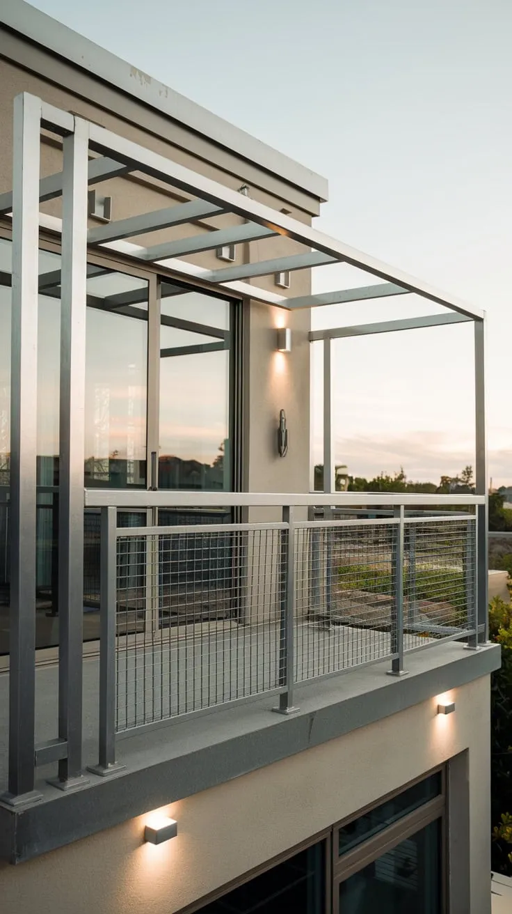 Soft light highlights your minimalist home's sleek metal lines and the safety grill of your high-level balcony, offering a breathtaking view
