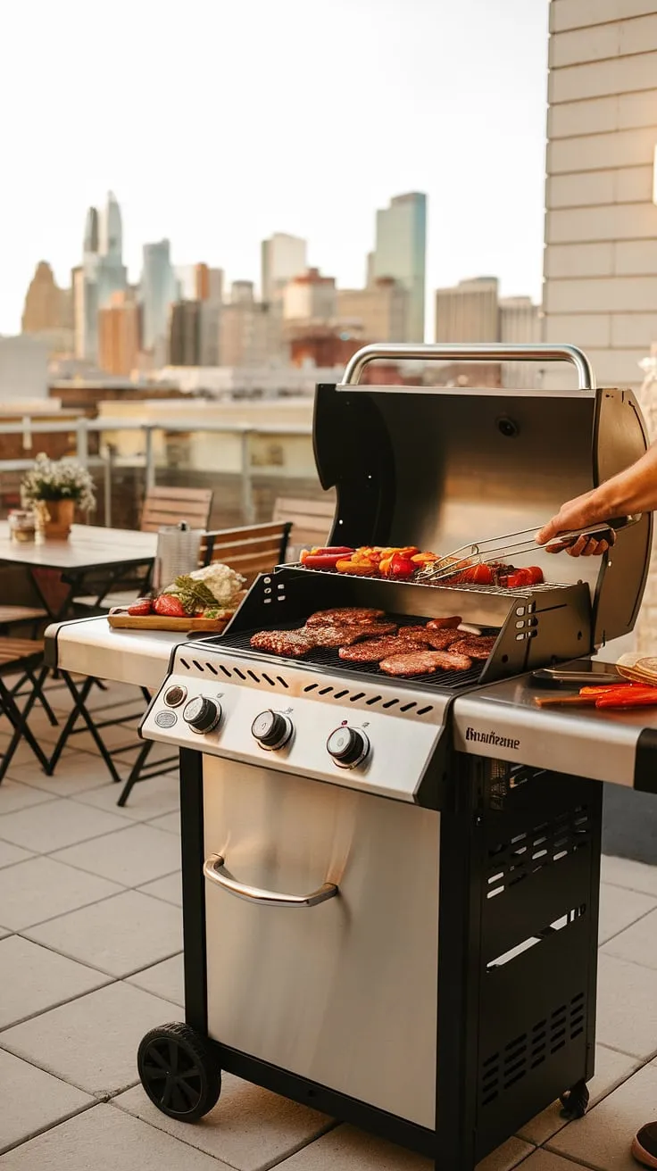 City lights and grill delights!  Enjoying the ultimate balcony cooking experience with this outdoor grill.  A simple balcony barbecue, yet a feast for the senses thanks to this handy outdoor dining grill.  The perfect blend of urban living and outdoor cooking.