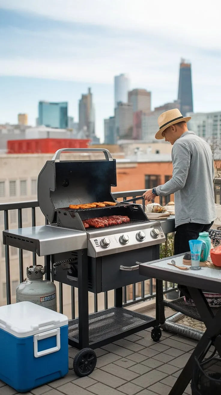 Balcony barbecue bliss!  This outdoor grill, perched perfectly on the balcony railing, is the ultimate in convenient outdoor dining grill.  Enjoy the ease of a patio grill and the stunning cityscape views – a true balcony cooking dream come true.  The portable grill makes this balcony barbecue grill setup simple and stylish.