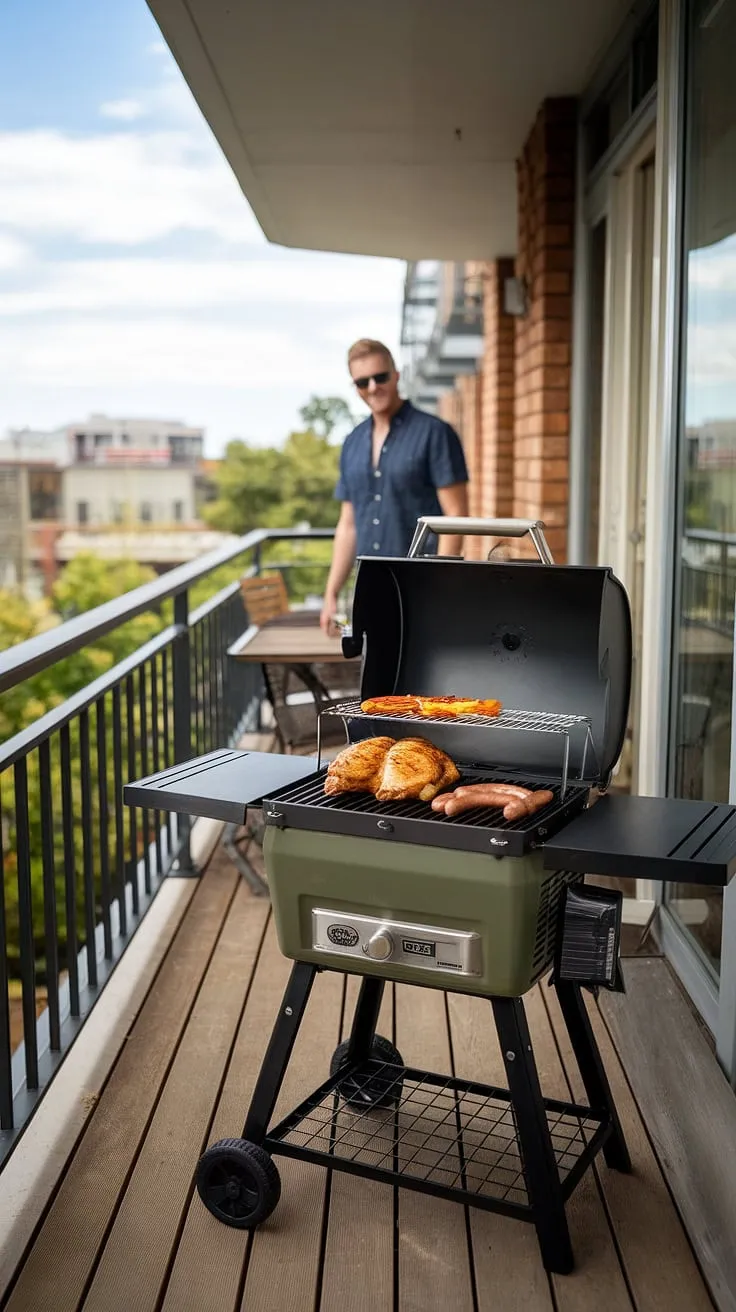 The perfect balcony barbecue setup:  A patio grill and a stunning cityscape. This outdoor grill makes balcony cooking and outdoor cooking a breeze, turning this balcony grill into my personal outdoor dining grill.