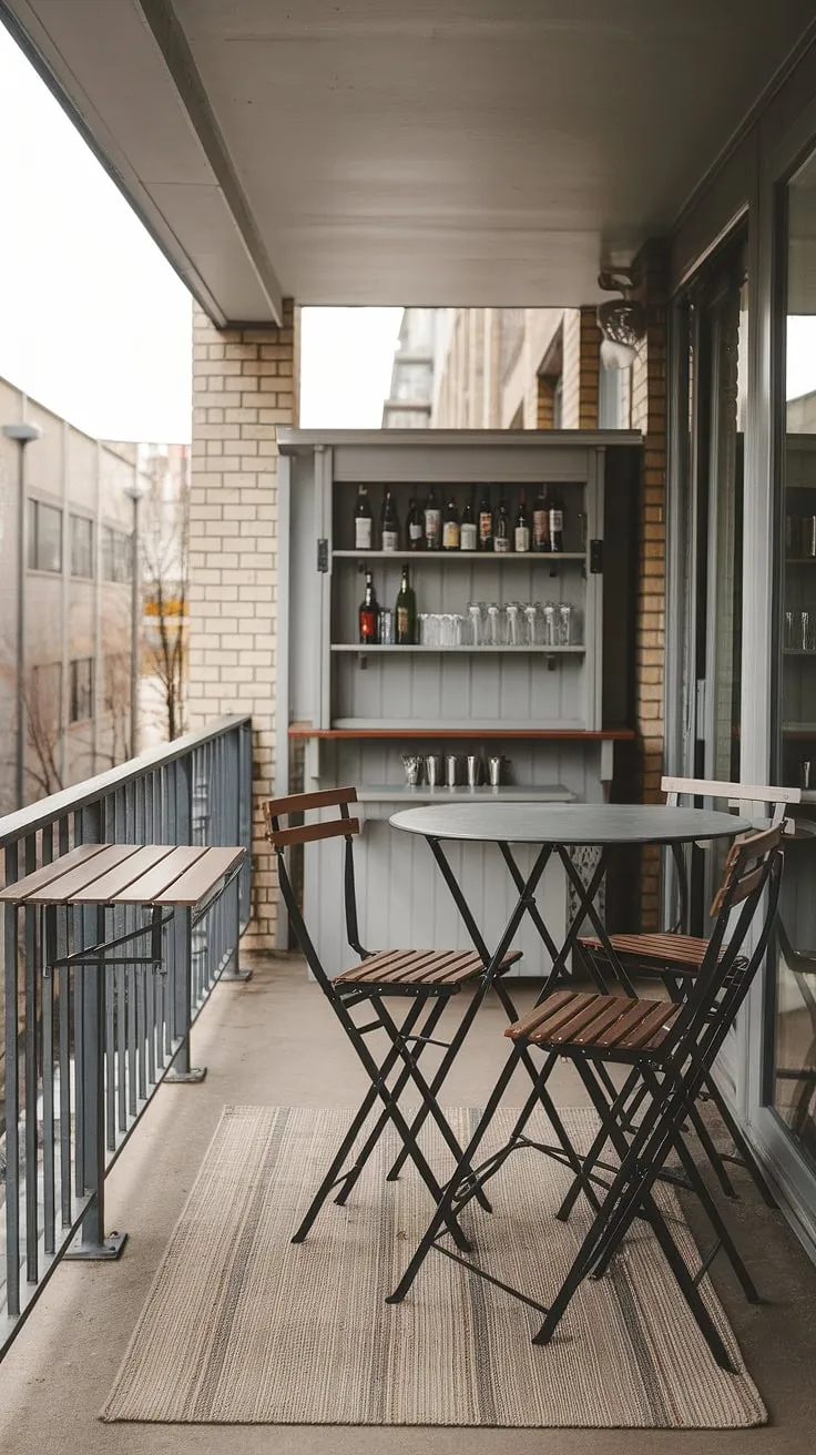 Maximize your urban oasis with this compact balcony kitchen.  A balcony high table and folding chairs create flexible seating, while a small balcony bar with clever shelves provides ample small balcony storage ideas.  The balcony tables for railings extend your usable space, showcasing a brilliant balcony table DIY solution. This space-saving bar idea proves that even extra small balcony ideas can be stylish and functional.