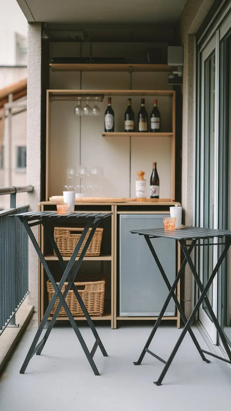 This tiny balcony transforms into a chic entertaining space.  A balcony high table and a folding table balcony create a versatile setup, while a small balcony bar adds a sophisticated touch.  Small balcony storage ideas are seamlessly integrated, showcasing how even extra small balcony ideas can be both practical and stylish.  The clever use of balcony tables for railings maximizes space, and the overall design inspires a balcony table DIY project that's both efficient and elegant.