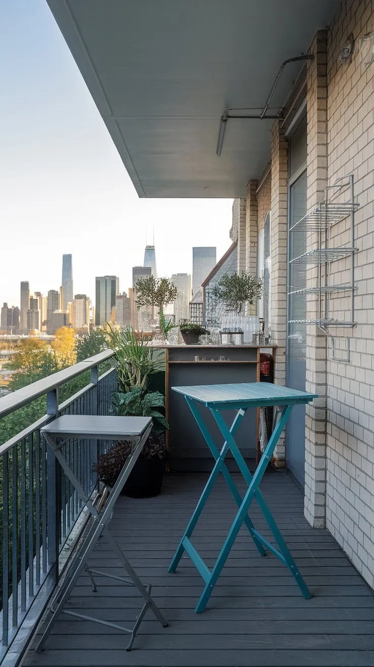 This dreamy balcony boasts ingenious space-saving solutions.  A balcony high table anchors the area, with a folding table balcony offering flexibility.  The small balcony bar and clever small balcony storage ideas maximize functionality.  Balcony tables for railings add extra seating, while the wooden floor and city view create a serene atmosphere.  Perfect extra small balcony ideas for those seeking a stylish and functional outdoor kitchen, this setup is a testament to balcony table DIY potential.