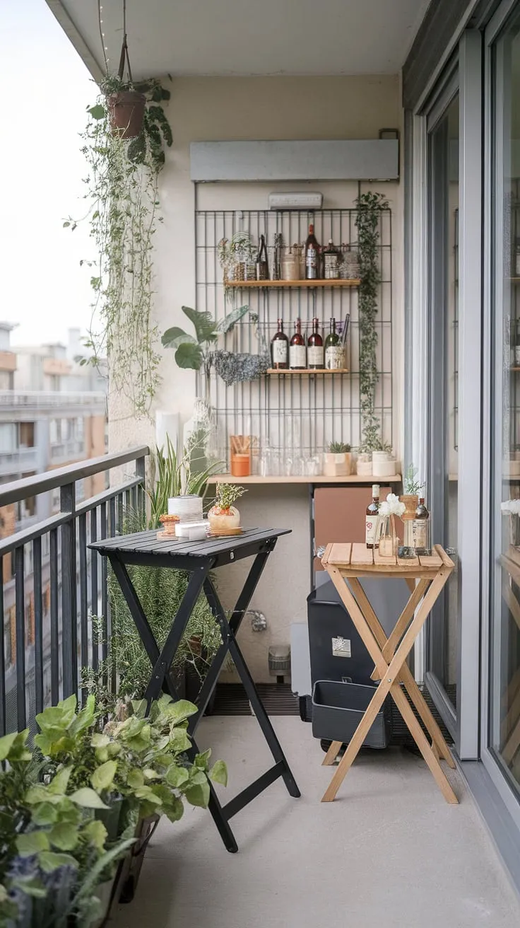 Maximize your minuscule balcony with this ingenious small balcony bar.  This space-saving bar idea cleverly utilizes a balcony high table and a folding table balcony for flexible entertaining.  Smart small balcony storage ideas and a built-in balcony kitchen element complete the design, proving that extra small balcony ideas can be both beautiful and practical.