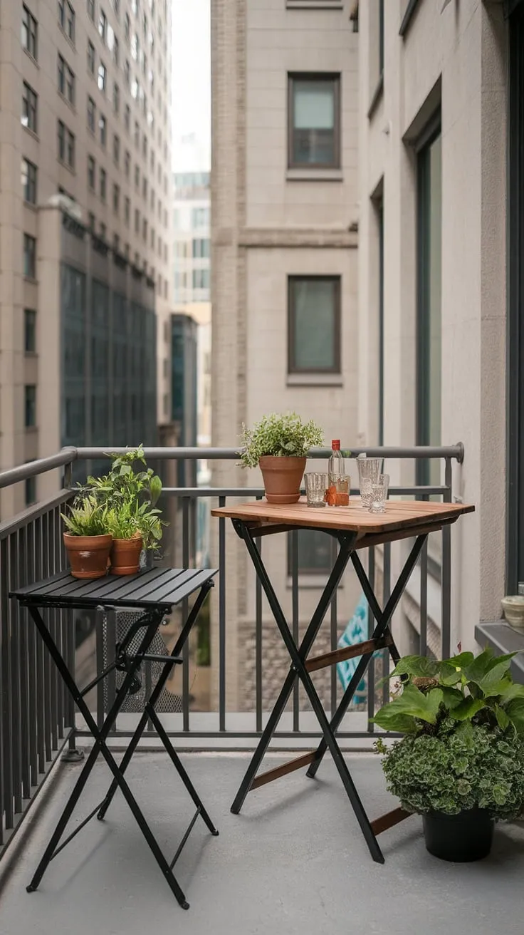 Maximize your urban oasis with this clever balcony kitchen setup.  A balcony high table, perfect for dining al fresco, sits alongside a small balcony bar, proving that space saving bar ideas can be stylish and functional. The folding table balcony provides extra surface area when needed, while clever small balcony storage ideas keep everything tidy.  This balcony table, easily attached to the railings, is a testament to how balcony tables for railings can transform even the smallest space.  Consider this a DIY-inspired extra small balcony ideas guide to creating your dream city retreat.