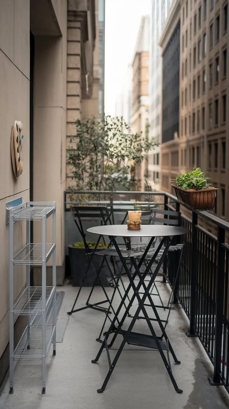Maximize your urban oasis with this compact balcony kitchen! A balcony high table and folding table balcony provide versatile dining options, while the small balcony bar offers space-saving bar ideas perfect for entertaining. Clever small balcony storage ideas, including a wall-mounted rack, keep things tidy.  Balcony tables for railings add extra seating and greenery.  This extra small balcony ideas showcase how a little ingenuity can transform a tiny space.