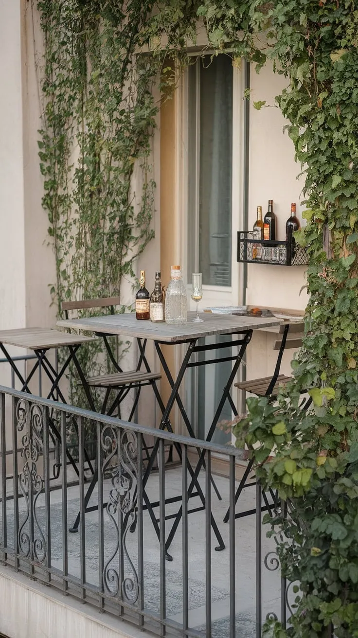 This small balcony transforms into a charming outdoor kitchen and bar, proving that even extra small balcony ideas can be stylish and functional.  The balcony high table and folding table balcony setup maximizes space, while the small balcony bar with its clever small balcony storage ideas keeps everything organized.  DIY-inspired balcony table diy and space saving bar ideas make this a perfect example of how to utilize balcony tables for railings.