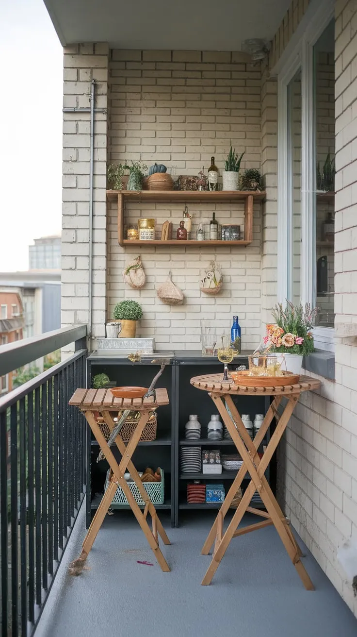 Transform your extra small balcony into a charming outdoor oasis! This balcony table DIY project showcases how a balcony high table and folding table balcony setup can create a surprisingly spacious small balcony bar.  Clever small balcony storage ideas and balcony tables for railings maximize every inch.  Proof that even the tiniest space can be a haven with the right space-saving bar ideas.
