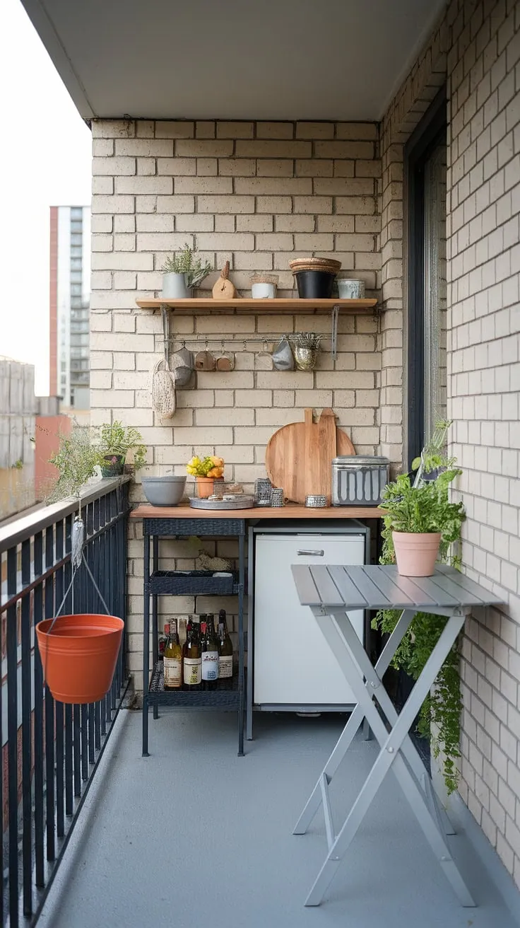 Transform your extra small balcony into a stylish and functional oasis with these clever space saving bar ideas.  A compact balcony kitchen, featuring a balcony high table and a practical folding table balcony, provides ample workspace.  The small balcony bar adds a touch of luxury, while the small balcony storage ideas, including a hanging pot and ingenious balcony tables for railings, maximize space.  The custom balcony table diy is the perfect finishing touch, proving that even the tiniest balcony can be a haven.
