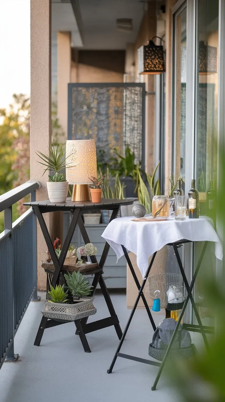 Transform your extra small balcony into a stylish outdoor haven with this clever setup.  A balcony high table, perfect for potted plants and evening drinks, sits alongside a folding table balcony for extra space when needed.  The small balcony bar, a brilliant space saving bar idea, adds a touch of sophistication, while smart small balcony storage ideas keep everything organized.  This balcony kitchen is a testament to creative balcony table DIY and utilizing balcony tables for railings to maximize every inch.