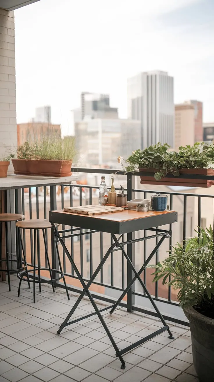 Transform your tiny balcony into a vibrant outdoor kitchen and bar! This balcony table diy features a balcony high table on a practical folding table balcony base, maximizing limited space.  Clever small balcony storage ideas are incorporated, and the small balcony bar with stools provides a charming spot for entertaining.  The railing, adorned with greenery, softens the urban backdrop.  This is the perfect example of how extra small balcony ideas can be both beautiful and functional, showcasing the versatility of balcony tables for railings.