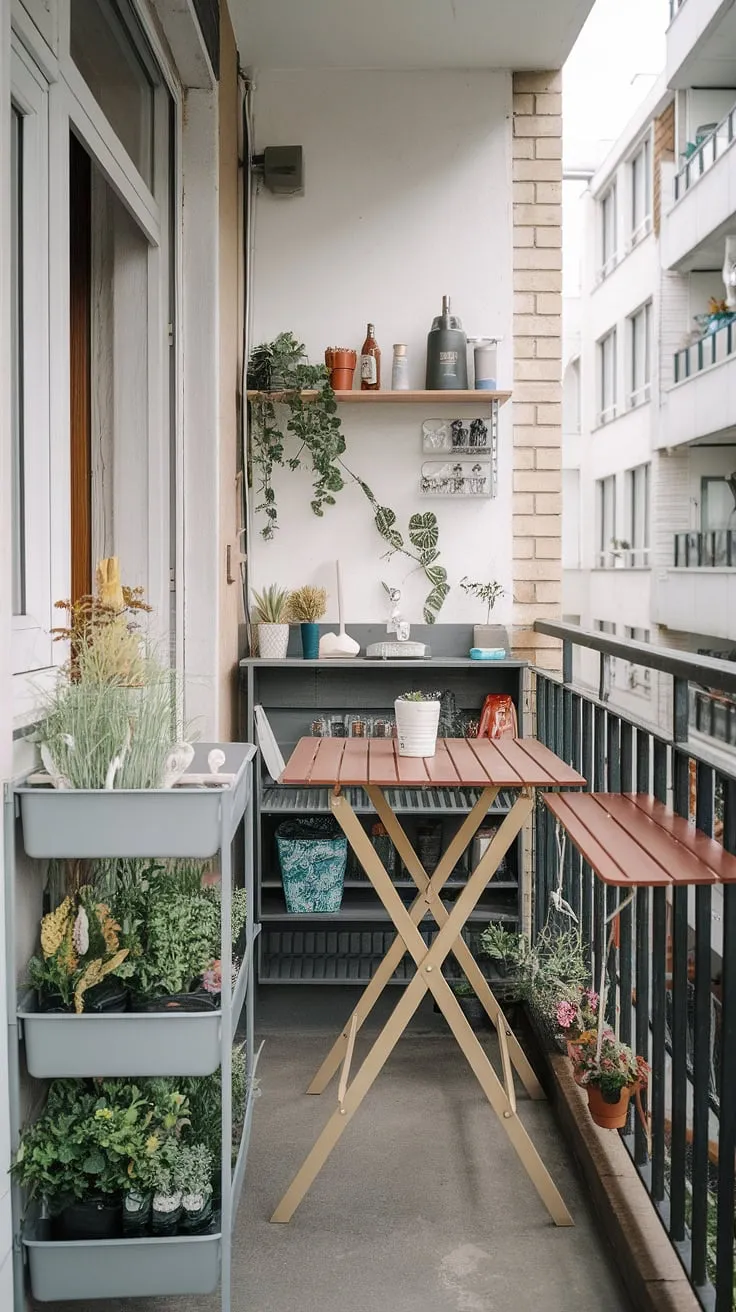 Transform your extra small balcony into a vibrant hub with this space-saving bar ideas. A balcony high table anchors the space, complemented by a folding table balcony solution for flexibility.  Clever balcony table DIY projects, including a custom plant rack and railing table, showcase how resourceful small balcony storage ideas can be. This balcony kitchen proves that size isn't everything.