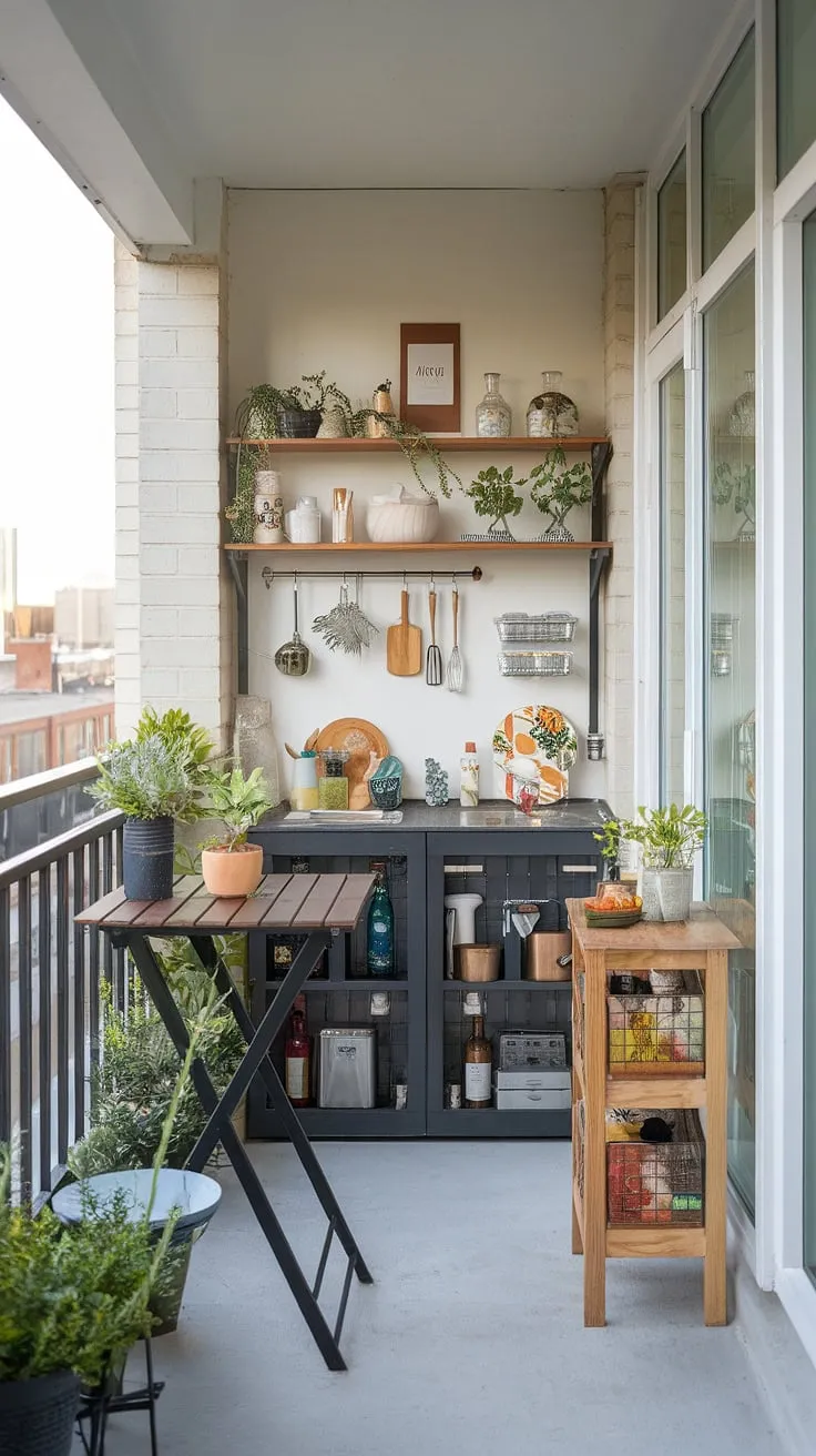 Transform your extra small balcony into a functional and stylish outdoor kitchen! This DIY project showcases space-saving bar ideas, a balcony high table perfect for dining, a folding table balcony solution for extra space, and clever small balcony storage ideas.  The balcony tables for railings maximize space, while the small balcony bar adds a touch of sophistication.  This is proof that even the tiniest balcony can be a haven.