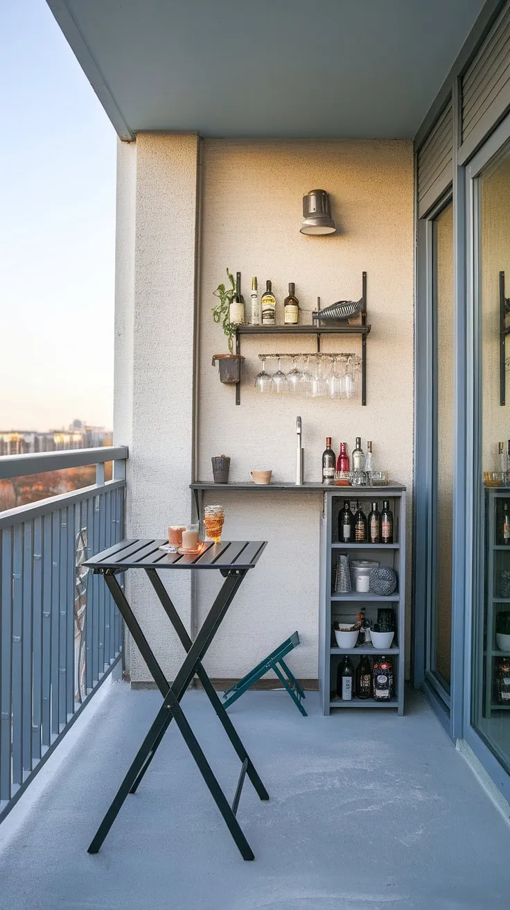 Maximize your urban oasis with this clever balcony setup.  A balcony high table provides ample dining space, while a folding table balcony offers flexibility, and the small balcony bar is a space-saving bar idea perfect for evening cocktails.  Smart small balcony storage ideas and balcony tables for railings keep everything organized. This balcony kitchen proves that even extra small balcony ideas can be stylish and functional.  A balcony table DIY project could easily replicate this design.