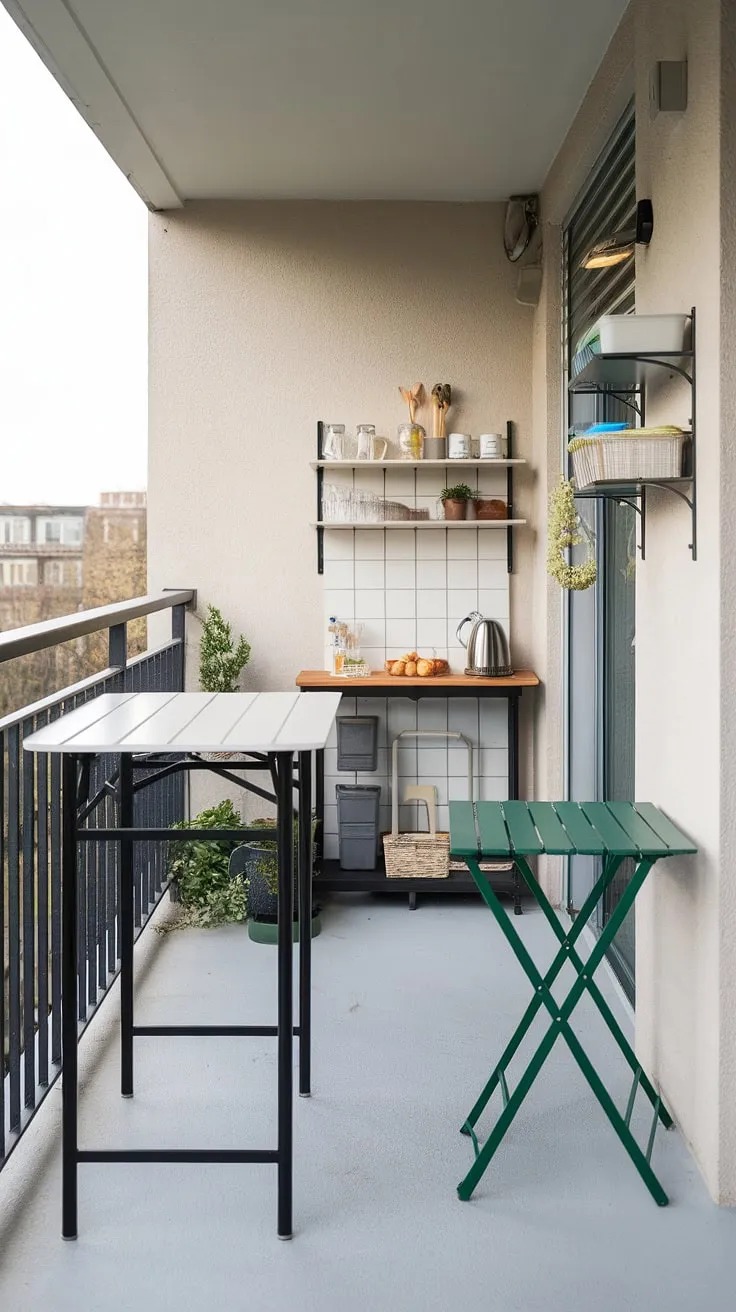 This extra small balcony ideas design proves that even the tiniest outdoor space can be transformed into a functional and stylish haven.  The balcony high table and balcony tables for railings create a seamless flow, while a folding table balcony offers extra versatility.  A small balcony bar and smart small balcony storage ideas maximize space, making this a perfect example of space saving bar ideas.  The overall design is easily achievable with a balcony table DIY project.