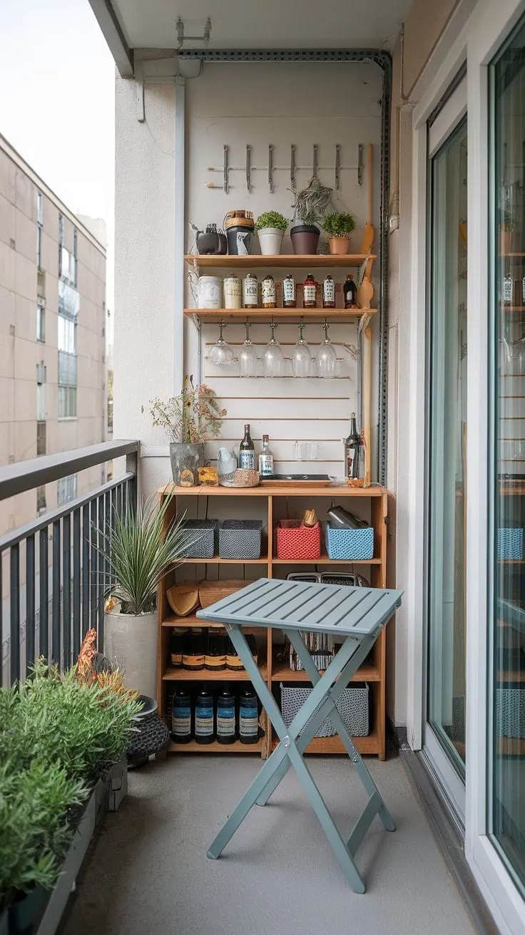 Maximize your extra small balcony with this clever setup!  A DIY balcony table and a folding table balcony provide flexible workspace, while the small balcony bar and ingenious small balcony storage ideas keep everything organized.  This balcony kitchen proves that even the tiniest space can be transformed with creative balcony tables for railings and space-saving bar ideas.  The balcony high table adds a touch of elegance.