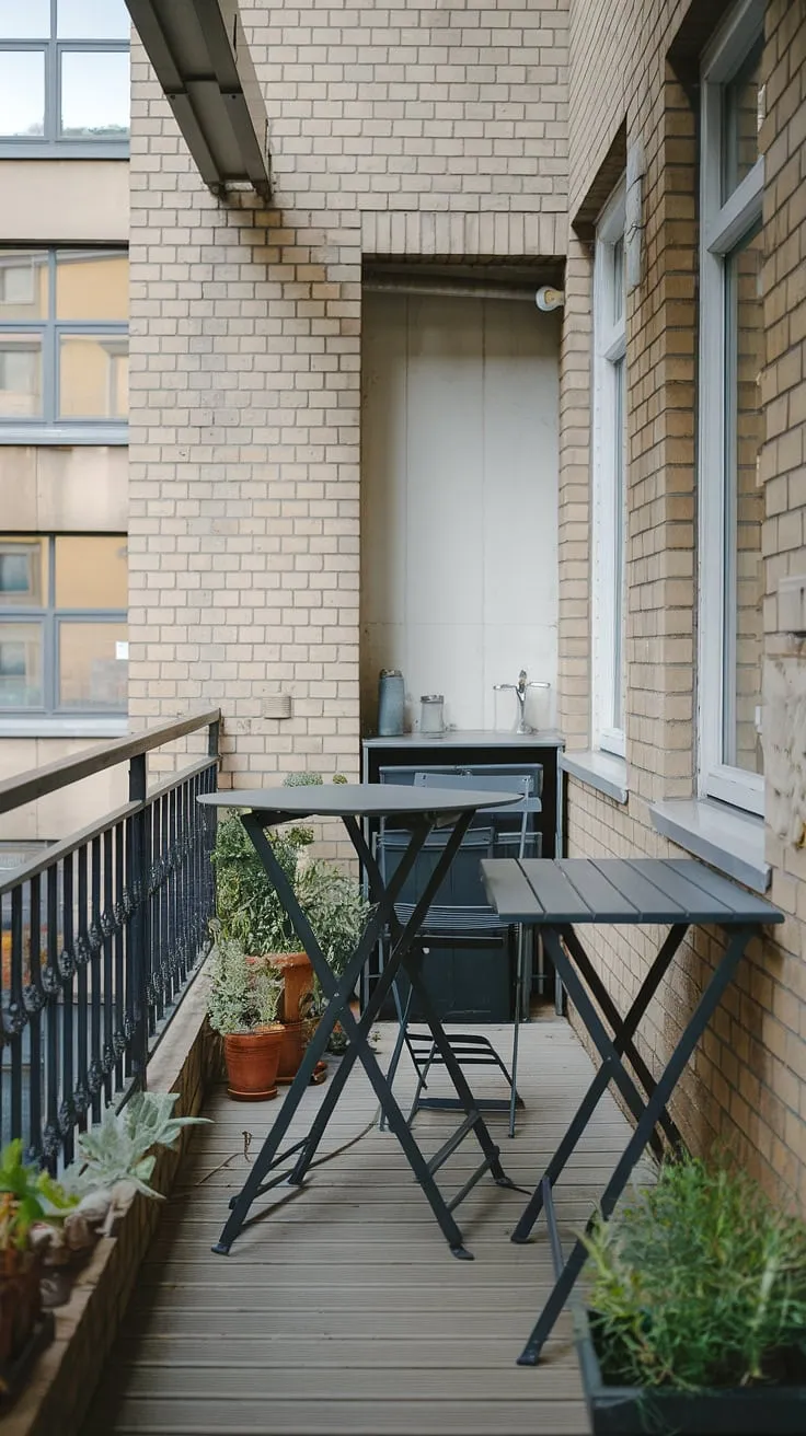Transform your tiny urban space with this inspiring balcony kitchen. A balcony high table and a few chairs create the perfect small balcony bar, complemented by a folding table balcony for extra space.  Smart small balcony storage ideas and a DIY approach showcase how even extra small balcony ideas can be both beautiful and practical.