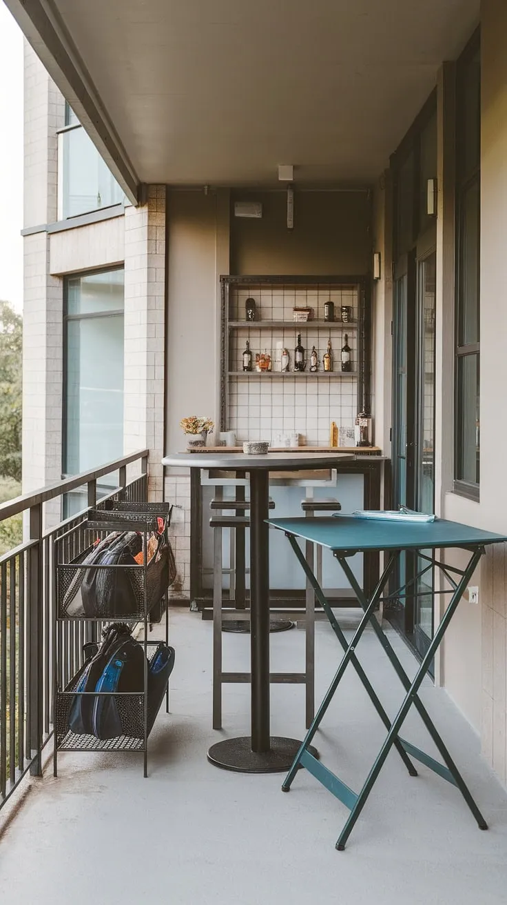This dreamy balcony transforms a small space into a functional and chic retreat.  The balcony high table and folding table balcony create a versatile dining and entertaining area.  Smart small balcony storage ideas, like the bag rack attached to the railing, showcase how balcony tables for railings can enhance both style and practicality.  This small balcony bar is the perfect example of space saving bar ideas, proving that even extra small balcony ideas can be incredibly effective.